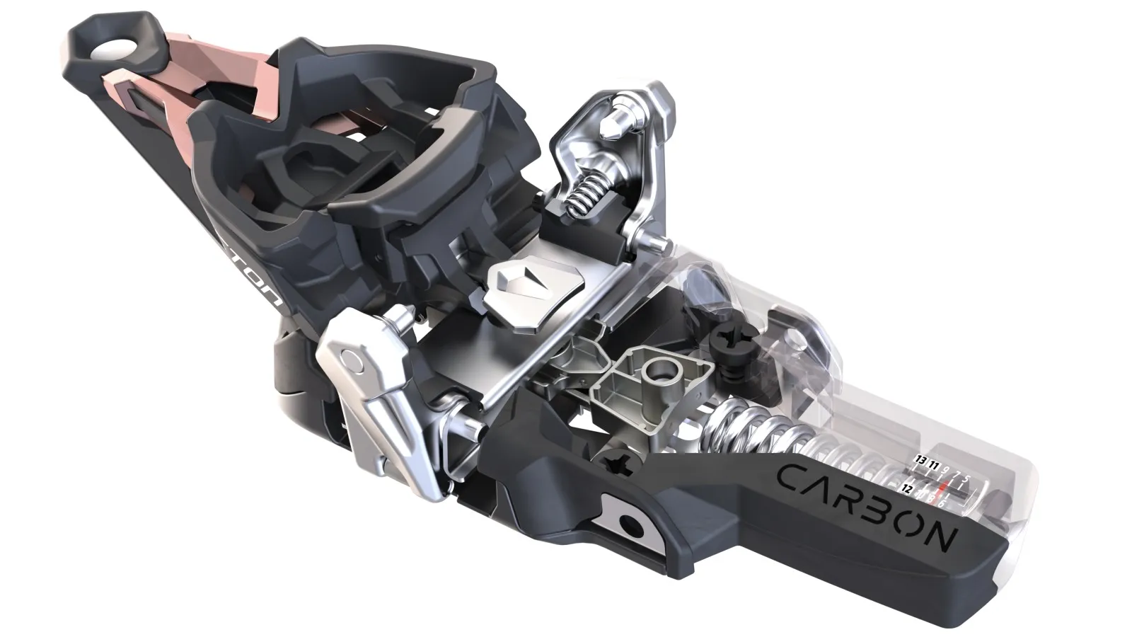 Close-up of the Fritschi Tecton 13 ski binding, showing mechanical details, DIN adjustment and components.