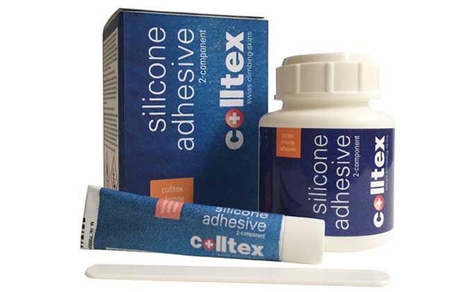 Produktabbildung von Colltex Silicon Adhesive 2K. Zu sehen sind Tube, Flasche und Karton mit der Aufschrift "silicone adhesive Colltex".