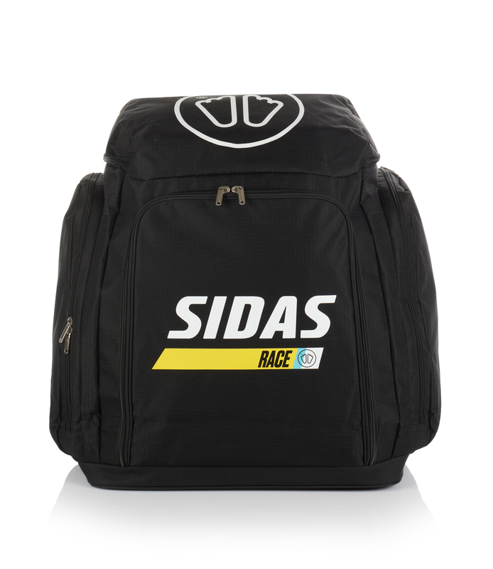 Borsa nera Sidas Race, vista frontale. Logo sulla parte superiore, scritte e striscia gialla con "Race" al centro. Zip e tasche laterali.