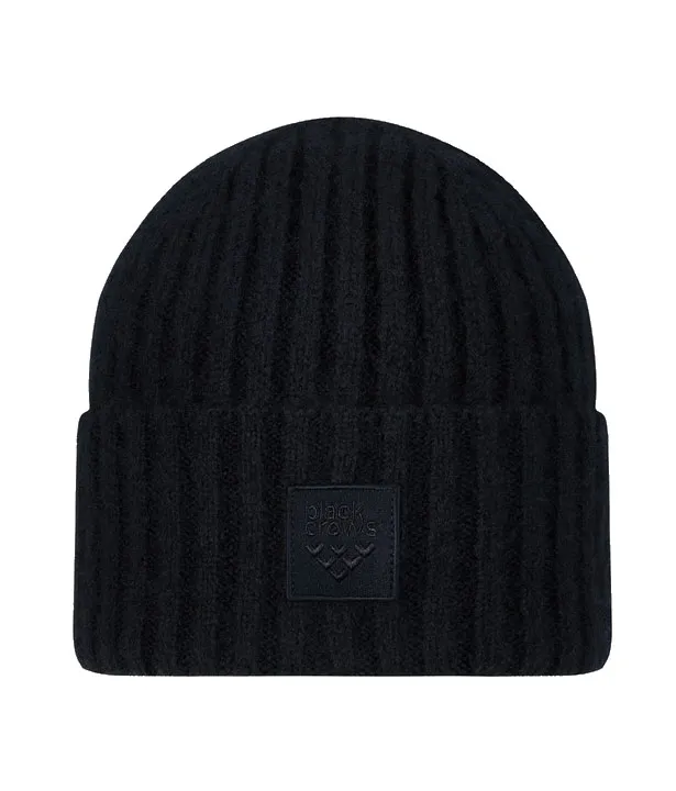 Black Black Crow beanie with ribbed knit and square logo patch.