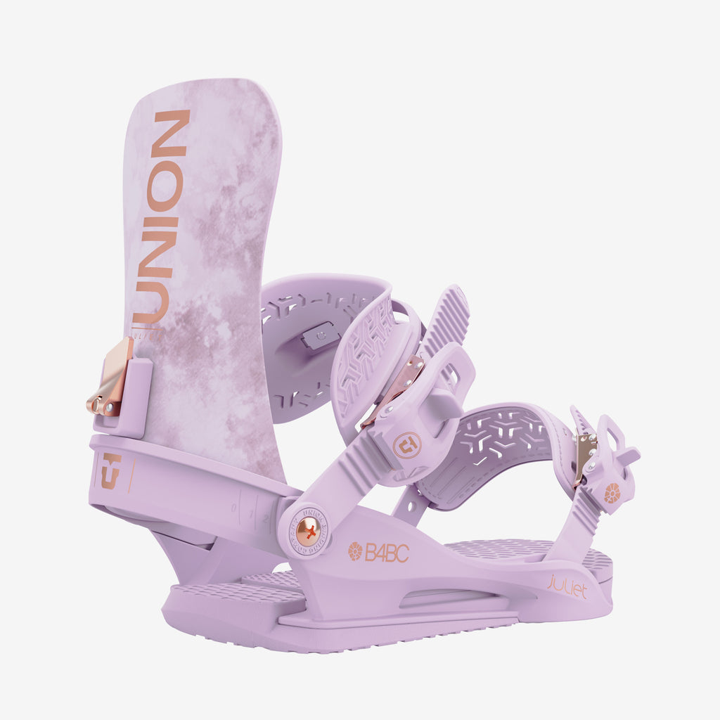 Lila Union Juliet Snowboardbindung mit Tie-Dye-Muster auf dem Highback.