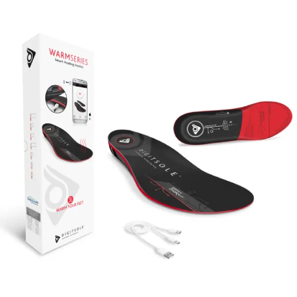 Verpackung der Digitsole Warm Series Heizsohlen mit Sohlen, USB Kabel, und Produktinformationen.