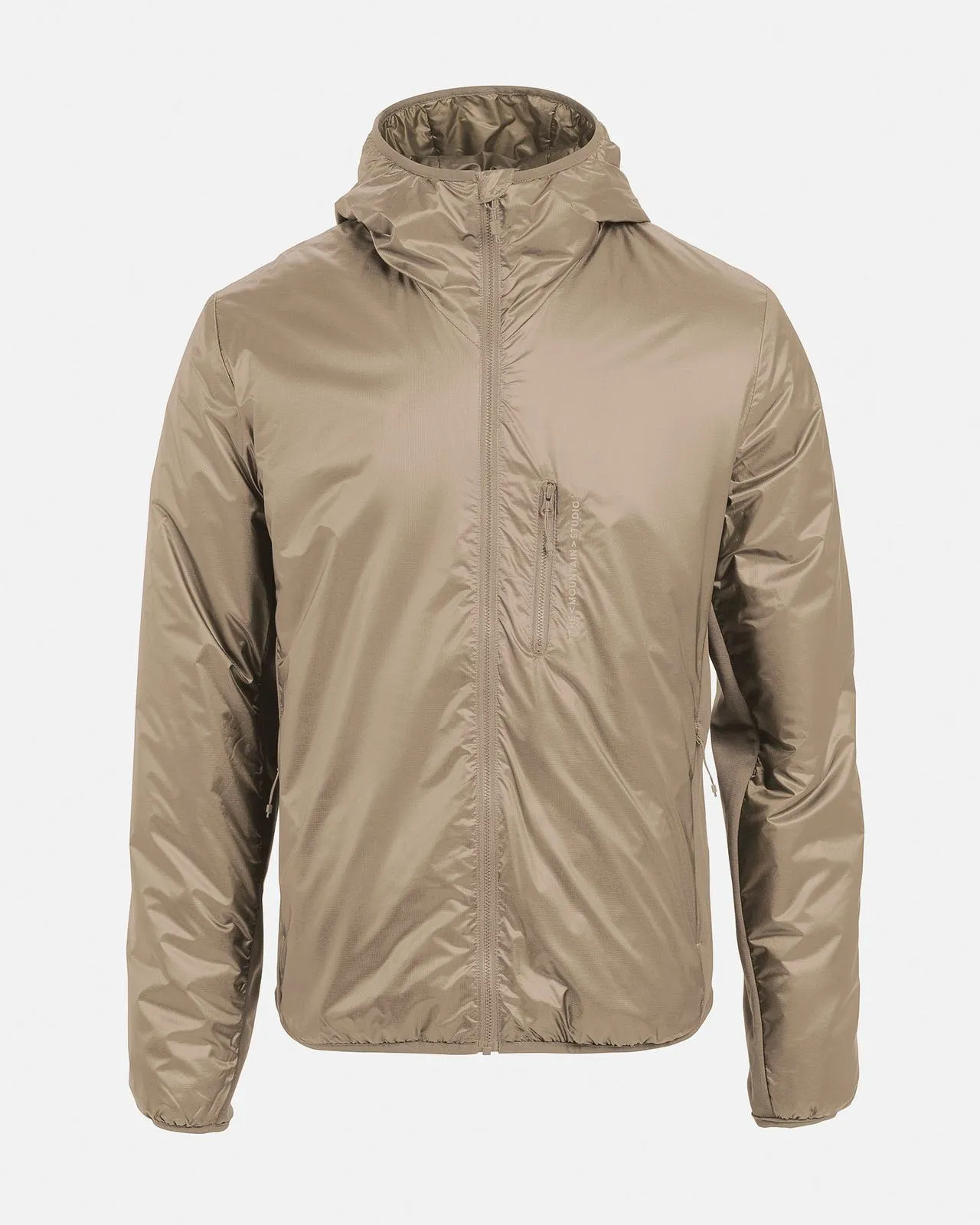 Khaki-colored, lightweight jacket with hood and zipper, seen on a white background. One chest pocket zipper is visible.