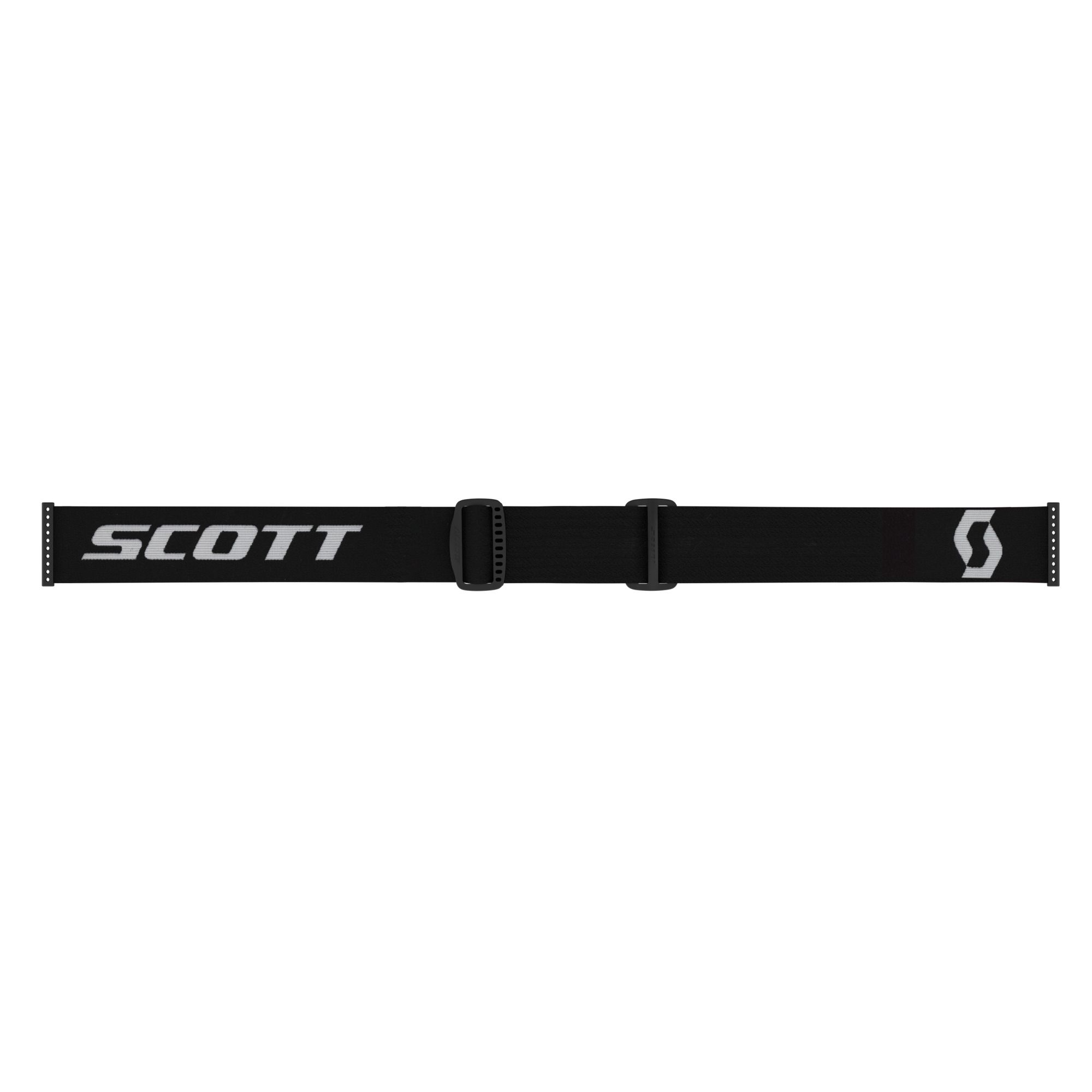 Schwarzes, breites Brillenband der Scott React Skibrille mit dem weißen Scott-Logo und weißen Akzenten.