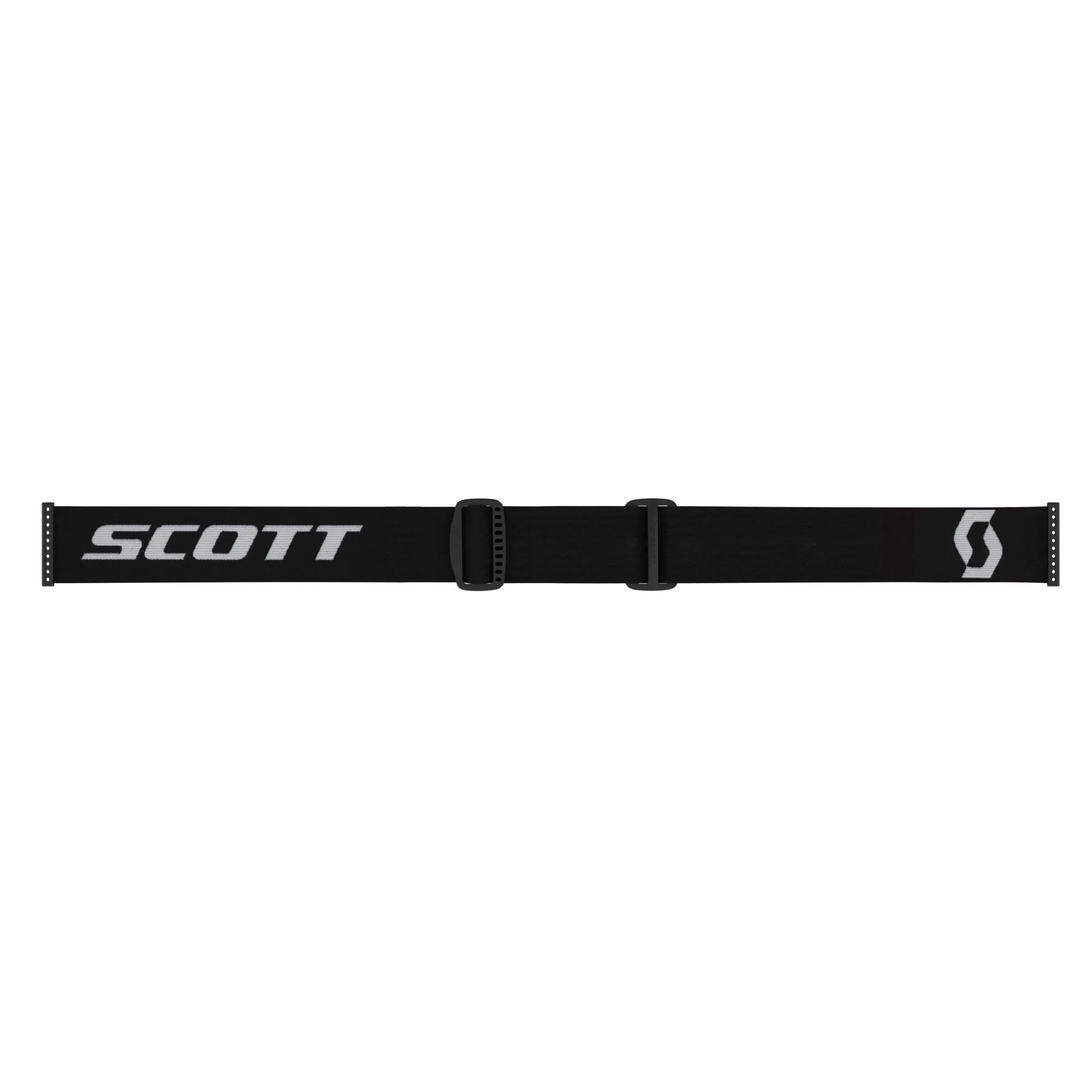 Schwarzes, breites Brillenband der Scott React Skibrille mit dem weißen Scott-Logo und weißen Akzenten.