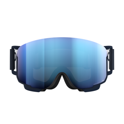 Skibrille mit blau getönter, verspiegelter Linse und dunkelblauem Rahmen, frontal aufgenommen.