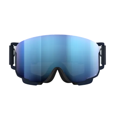 Lunettes de ski avec lentille réfléchissante teintée en bleu et monture bleu foncé, prises de face.