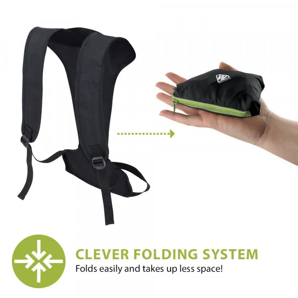 Skiback Cordura Light : bretelles et produit emballé en main, reliés par des flèches.