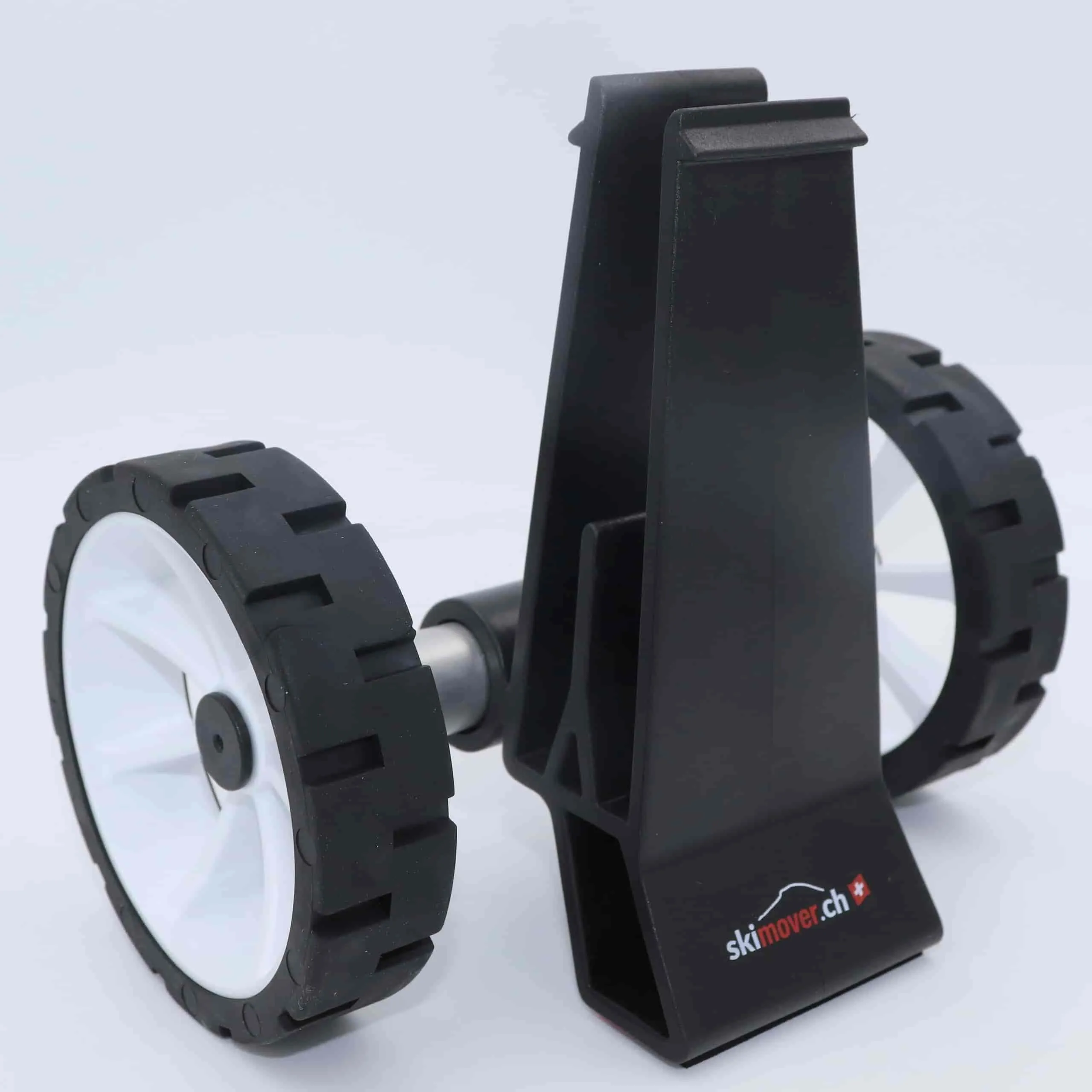 SUPmover SUPdual: trolley nero per il trasporto di SUP/sci con ruote bianche e logo "Skimover.ch".