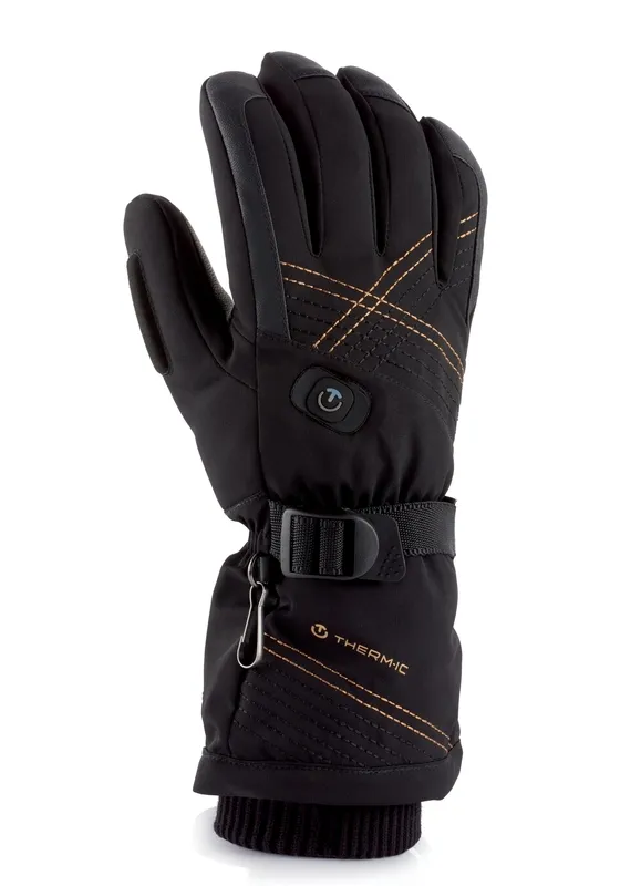 Schwarzer Therm-ic Ultra Heat Glove Women, isolierter Lederhandschuh, mit Heizknopf, Gurtband, Karabiner und Ziernähten.