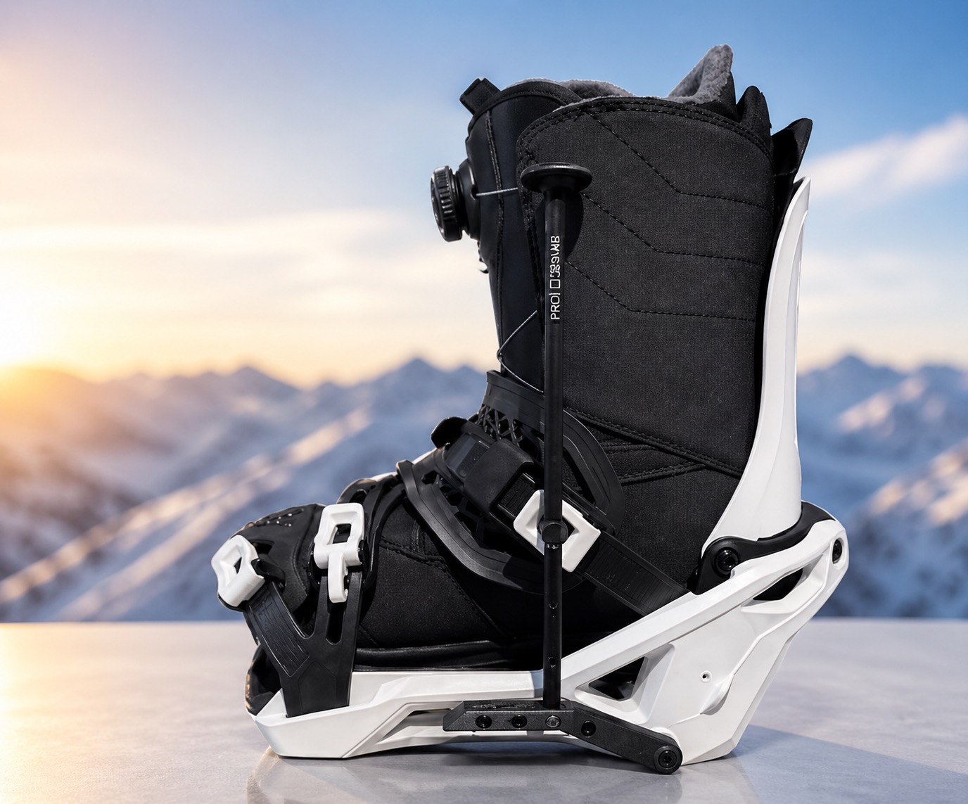 Schwarz-weißer Snowboardboot mit integriertem Bindungssystem steht seitlich auf glänzender Oberfläche. Dahinter schneebedeckte Berge unter hellblauem Himmel; links wirft die Sonne warmes Licht. Mit Drehverschluss und robusten Riemen.