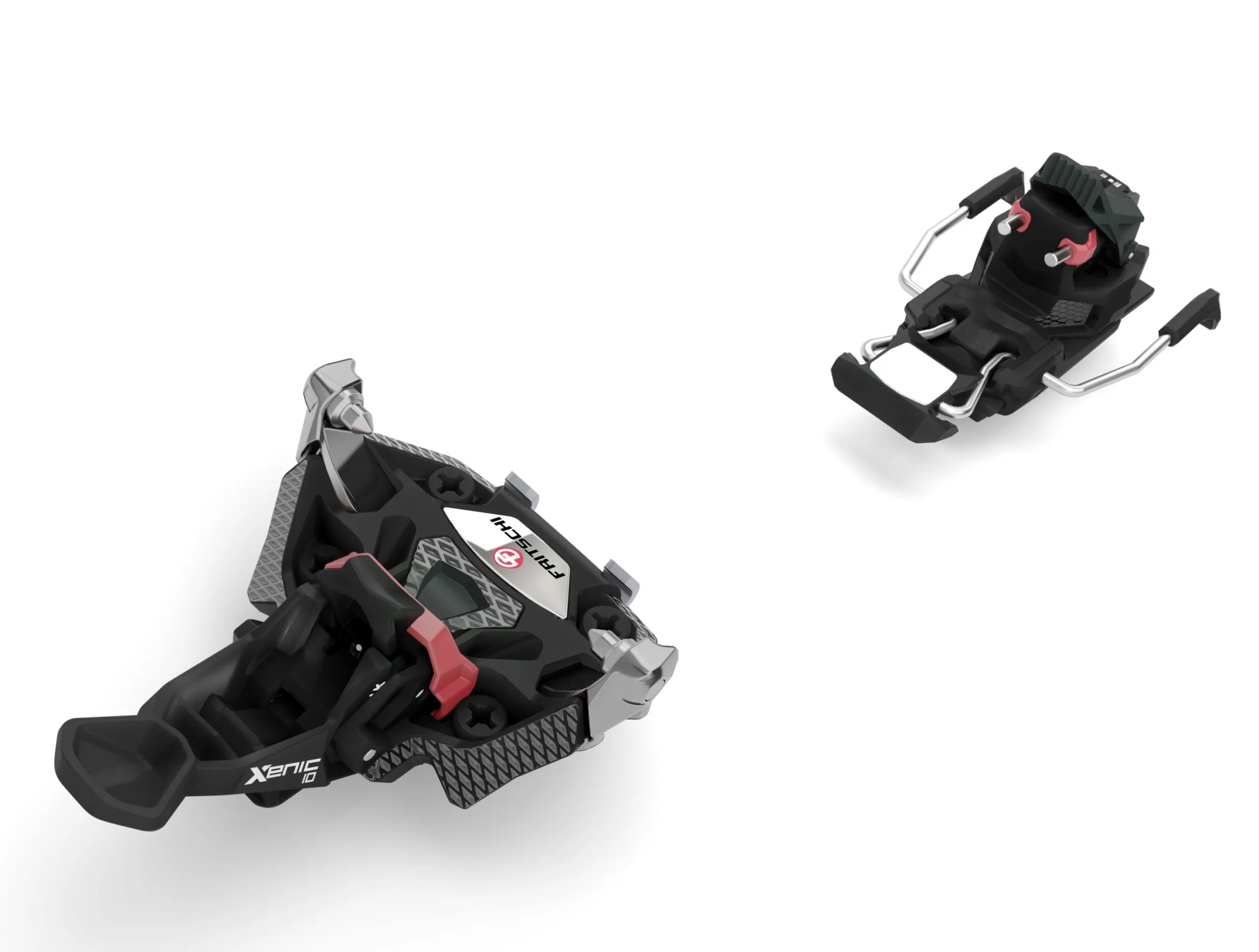 Fritschi Xenic 10 touring binding, consisting of front and rear jaws, sideways on white background.