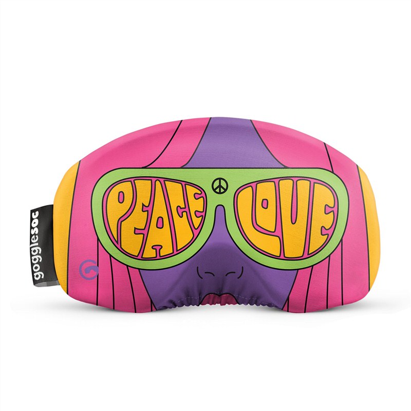 Brillen-Schutzsocke mit Peace & Love Motiv, Gesicht mit Sonnenbrille, Peace-Zeichen. Rosa, Lila und Gelb.
