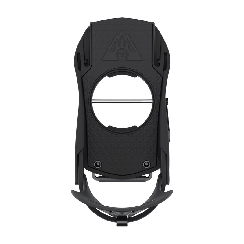 Schwarze Splitboard Bindung Schwarze Union Explorer Splitboard Bindung, Frontansicht, mit Highback, Fersenbügel und Zehenriemen.