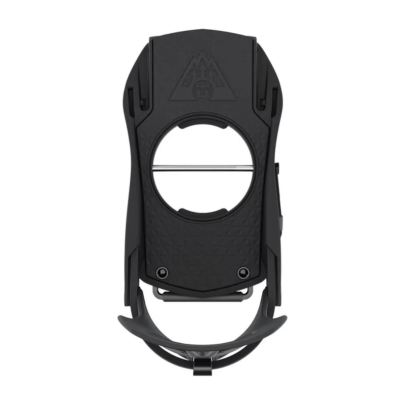 Fixation de splitboard noire Union Explorer, vue de face, avec highback, talonnière et sangle d'orteils.