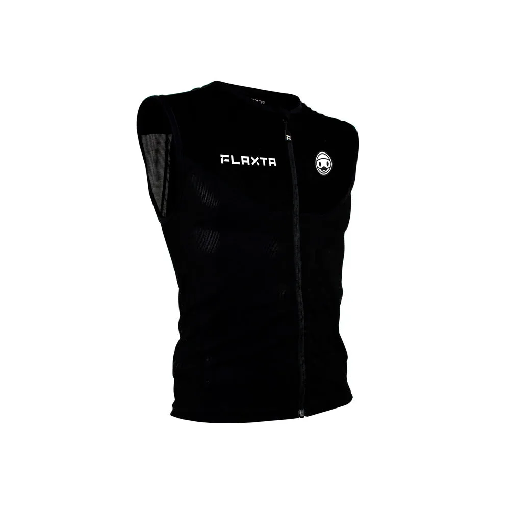 Black Flaxta Behold Junior protective vest with zipper and logo, front view.