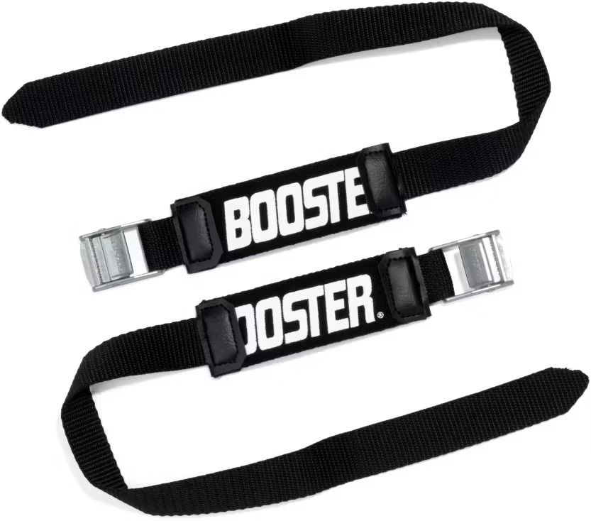 Zwei schwarze Textilbänder mit silberfarbenen Metallschnallen und weißen "BOOSTER"-Schriftzügen auf schwarzen Stoffhüllen.
