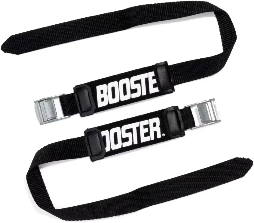 Due cinturini in tessuto nero con fibbie in metallo argentato e scritta "Booster" bianca su maniche in tessuto nero.
