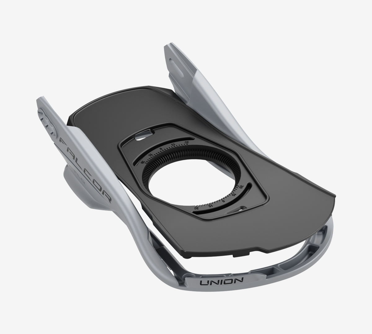 Attacco da snowboard Union Falcor Primo piano dell'attacco da snowboard Union Falcor in nero e grigio. In primo piano la piastra di base e il design minimalista.