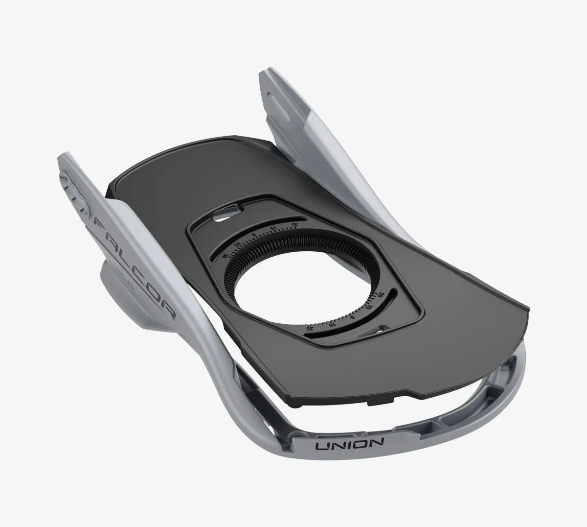 Nahaufnahme der Union Falcor Snowboardbindung in Schwarz und Grau. Fokus auf Baseplate und minimalistisches Design.