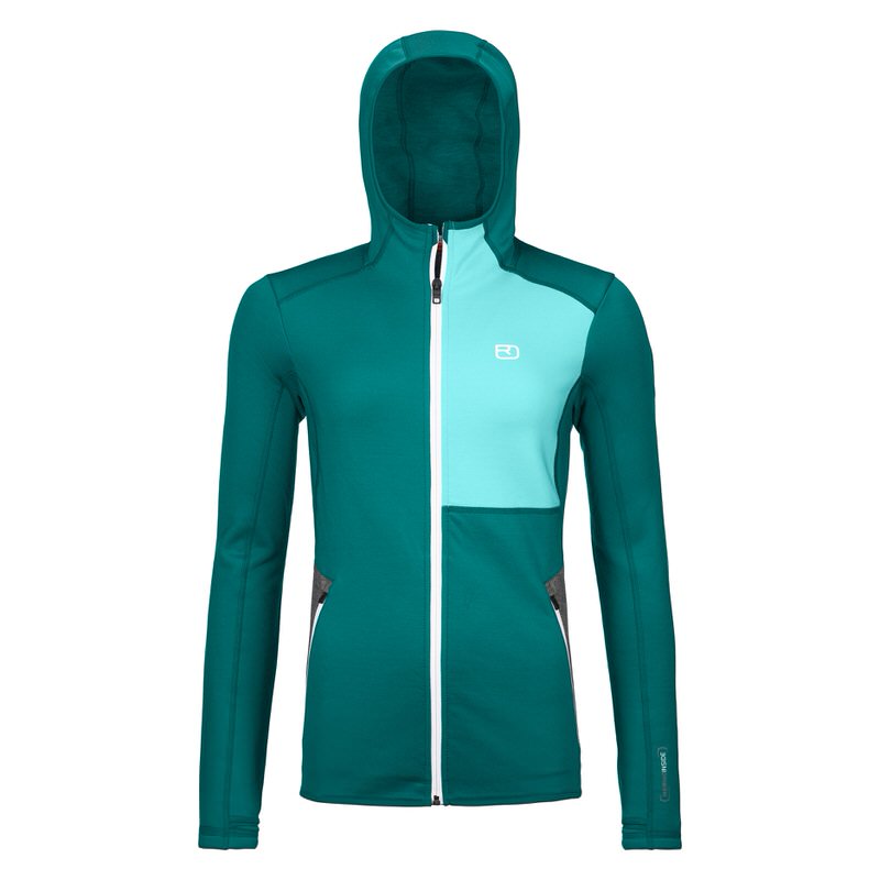 Damen Fleece Hoody in Pacific Green, mit Kapuze und durchgehendem Reißverschluss. Farbblockdesign mit helleren Akzenten an der Schulter.