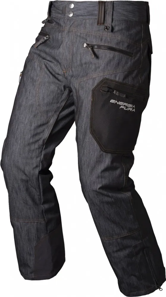 Graue Jeanshose mit dunklen Applikationen und mehreren Reißverschlüssen und Taschen.