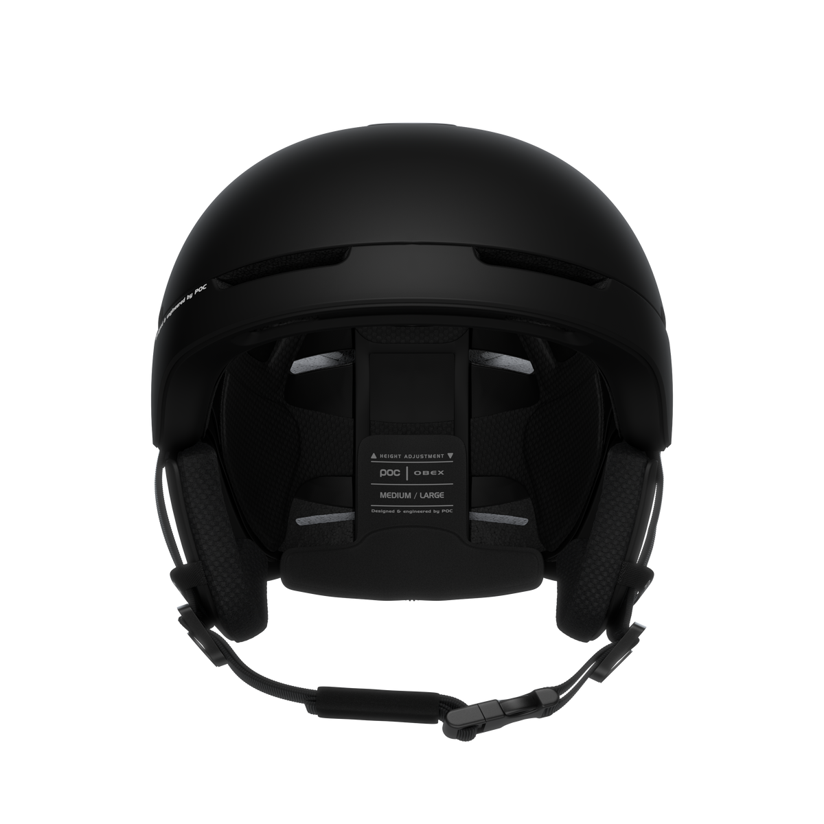 Vue frontale d'un casque de ski et de snowboard noir mat POC Obex Mips avec intérieur visible et indication de la taille.