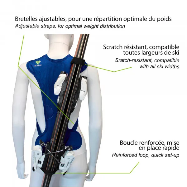 Skiback bleu pour enfants, à l'arrière d'un mannequin, avec skis attachés. Sangles réglables.