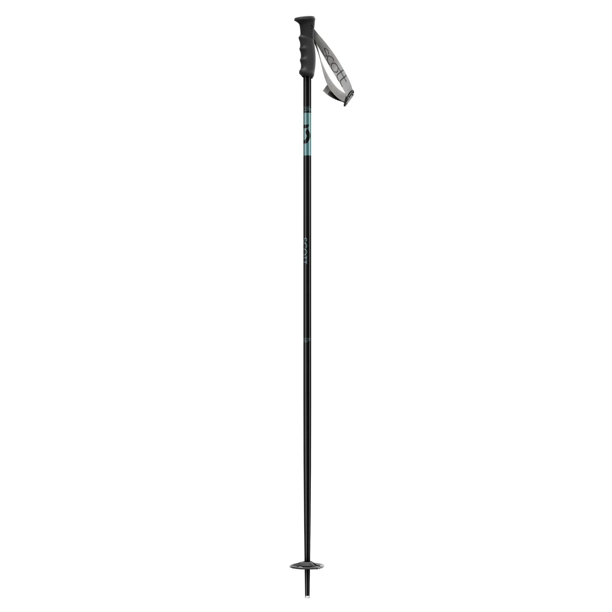 Black Scott Kira ski pole with gray grip and strap and all-mountain plate.