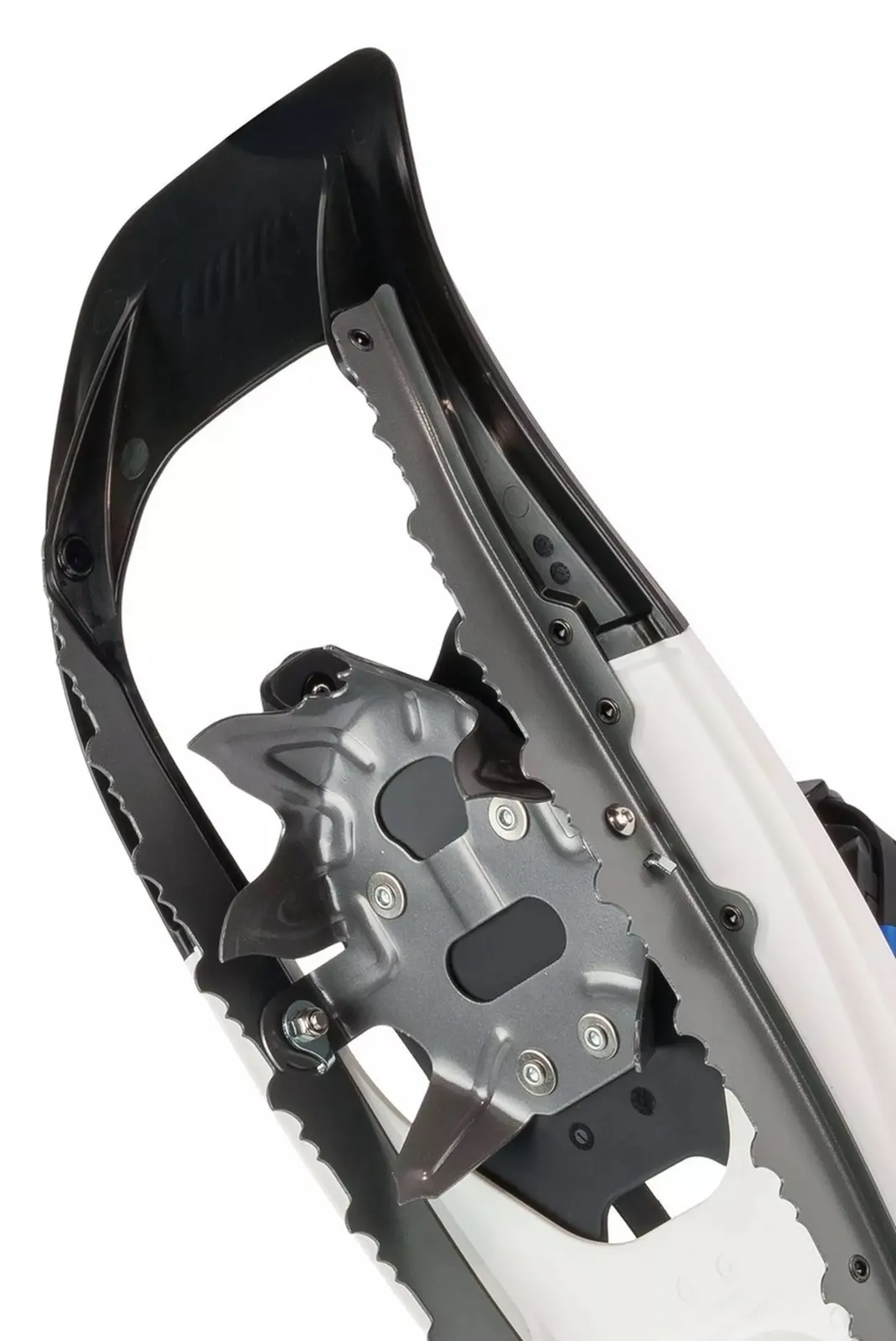 Close-up of a Tubbs Flex Alp 25 snowshoe. Focus on crampons, ActiveFit 2.0 binding and spikes. Colors: White, blue and gray.