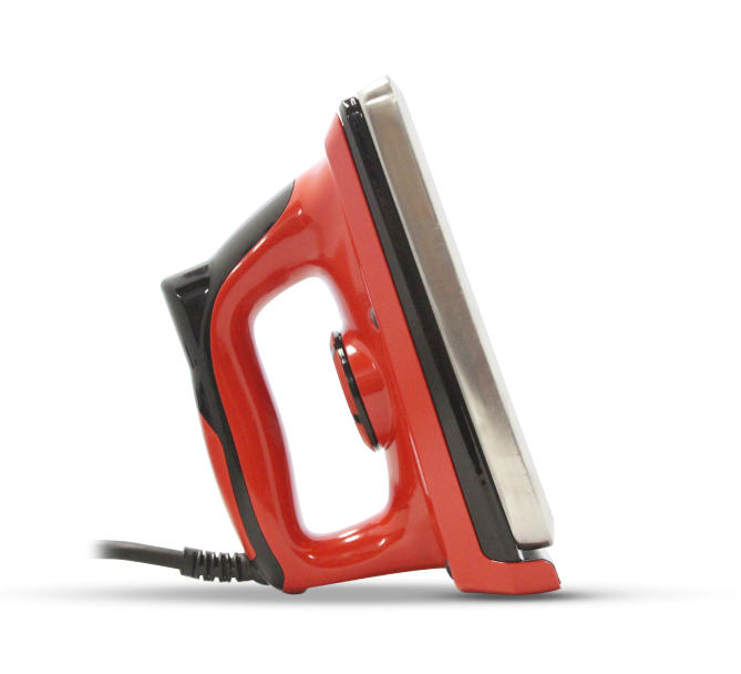 Rotes Wachs Bügeleisen mit schwarzem Griff und silberner Bügelfläche im Profil. Kabel sichtbar.