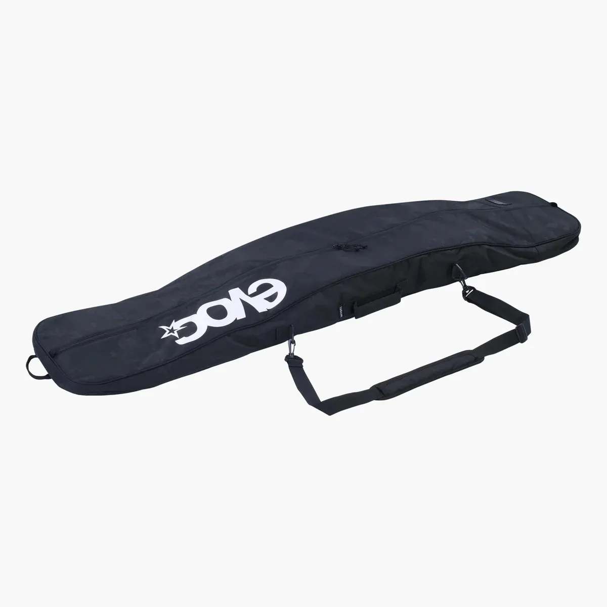 Sac de board noir Evoc, sur le côté, avec sangle et logo blanc de la marque.