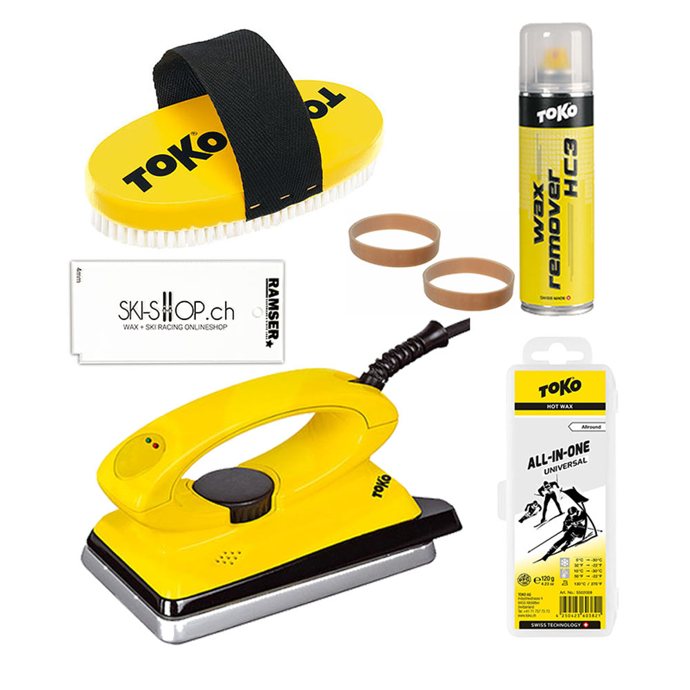 Gelbes Toko Basic Wax Set mit Bügeleisen, Wachs, Bürste, Abziehklinge, Reiniger und Skistopper Bänder.