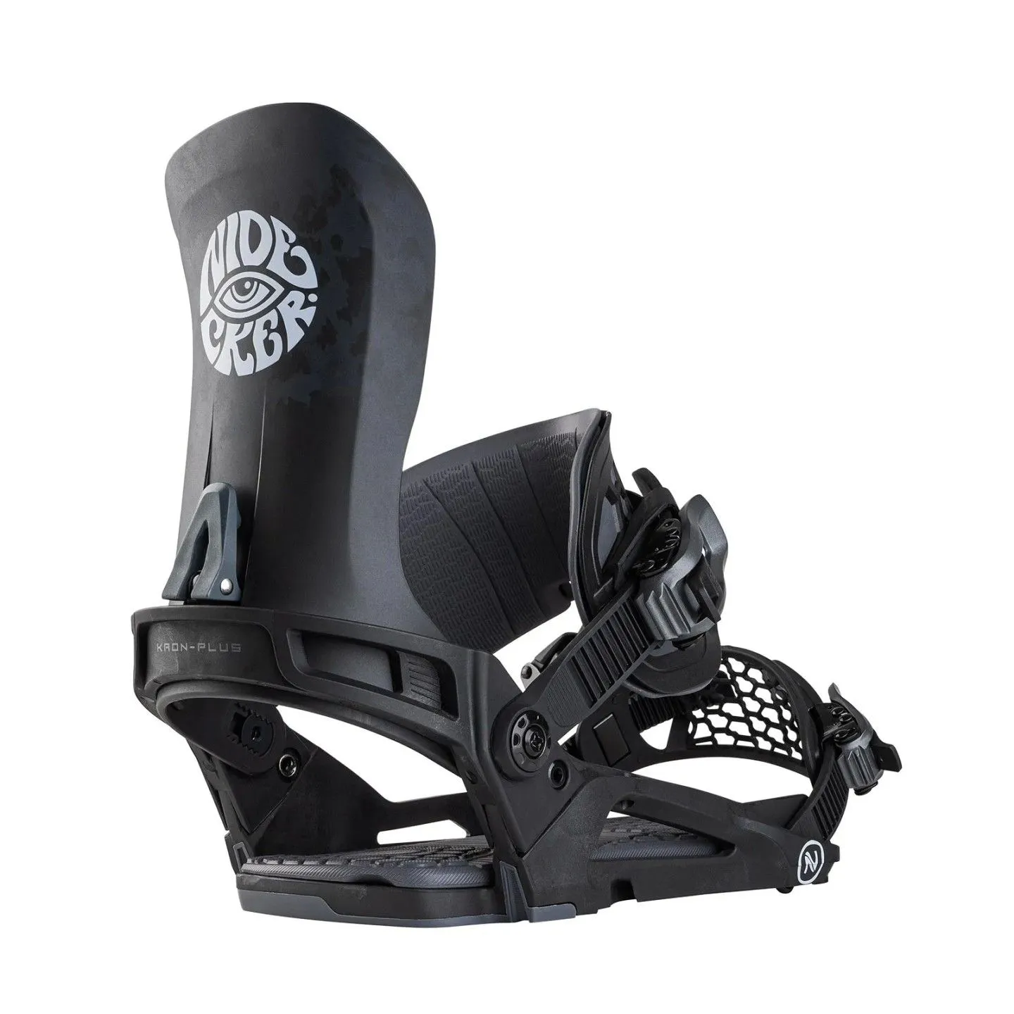 Attacco da snowboard Nidecker Kaon Plus nero con logo sul dorso. Primo piano dell'attacco.