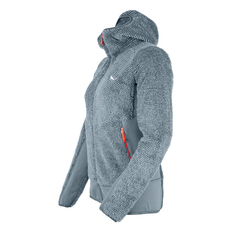 Graue Damen Polarlite Jacke von Salewa mit Kapuze und roten Reissverschlüssen, seitliche Ansicht.