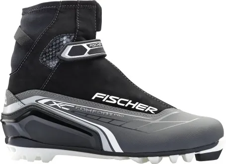 Black Fischer XC Comfort Pro cross-country ski boot in silver-grey from the side.