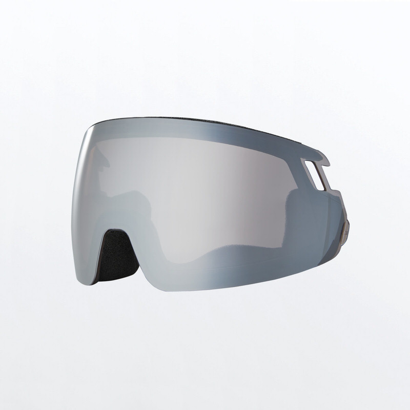 Écran de rechange Radar/Rachel 5K Chrome Gros plan d'un écran de rechange Radar/Rachel 5K Chrome de couleur argentée pour casque à visière sur un fond clair.