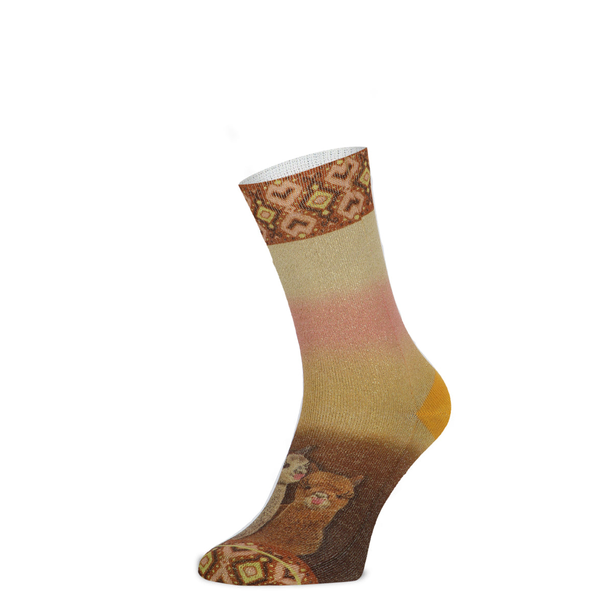 Chaussette en alpaga beige-rose-marron Chaussettes individuelles XPOOOS pour femmes avec des alpagas, dégradé de beige à rose et marron.