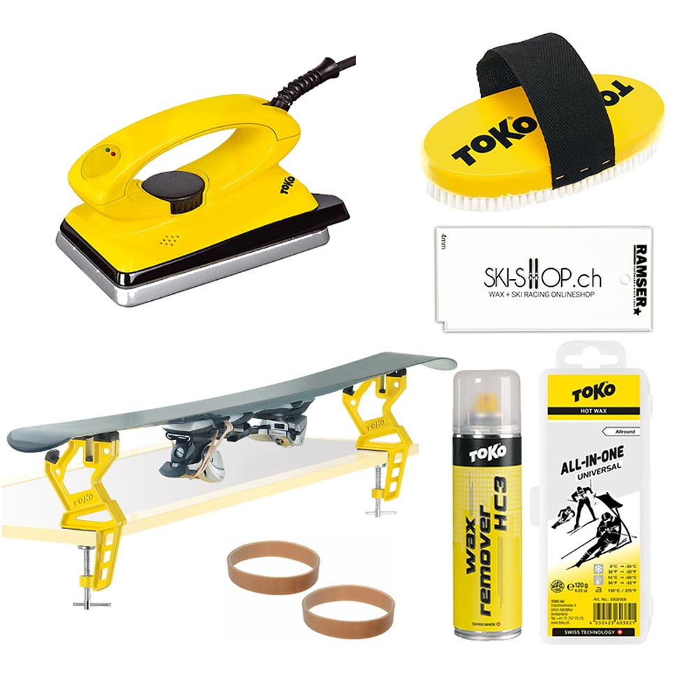Toko Starter Set Alpin: Wachsgerät, Bürste, Skiwachs, Ski Vise, Skistopper Band, Plexi Blade und Wax Remover.