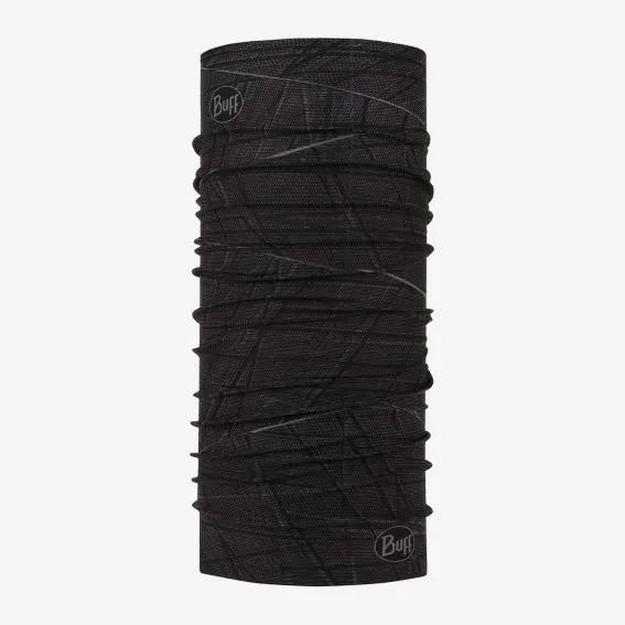 Black, rolled Buff tube scarf with abstract gray lines and logo print.