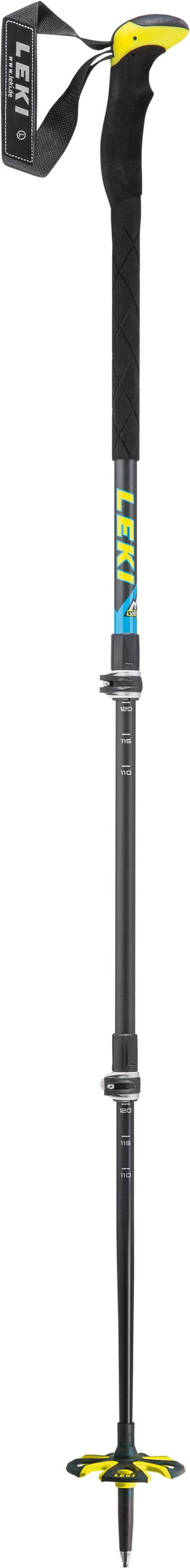 Ski Stock "Tour Carbon 3" von Leki, dreiteilig. Der Stock ist schwarz mit gelben Akzenten an Griff, Teller und Beschriftung.