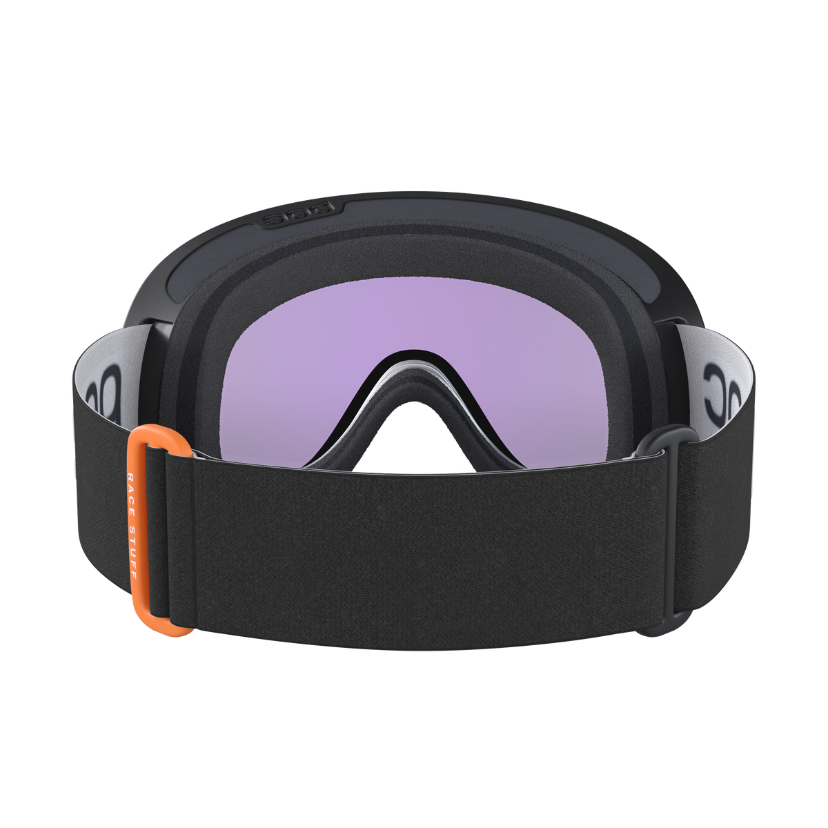 Occhiali da sci POC Retina WF neri con lente viola e dettagli arancioni, vista frontale.