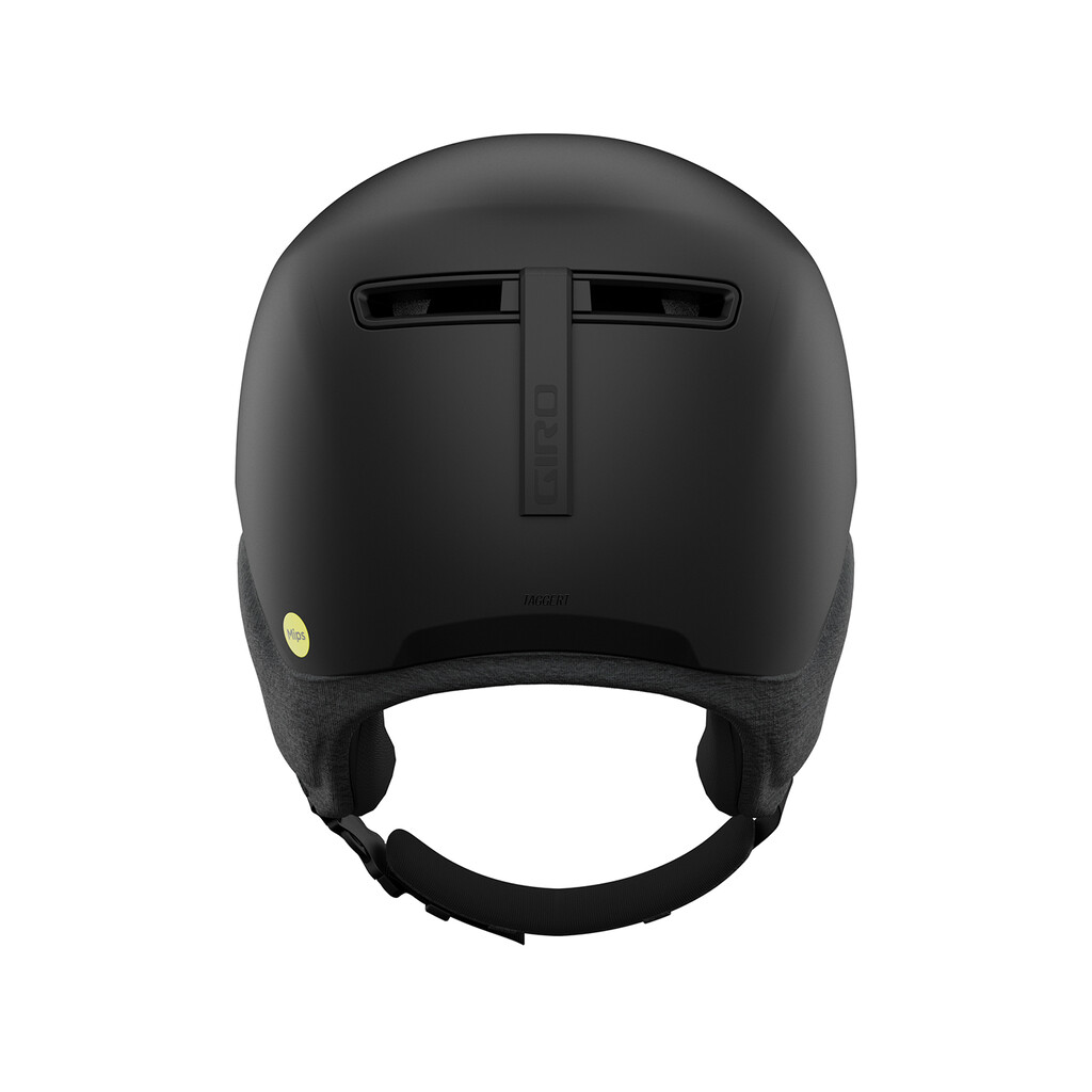 Schwarzer MIPS Skihelm Schwarzer Giro Tagert MIPS Skihelm von hinten, mit Belüftungsschlitzen und Ohrenpolstern.