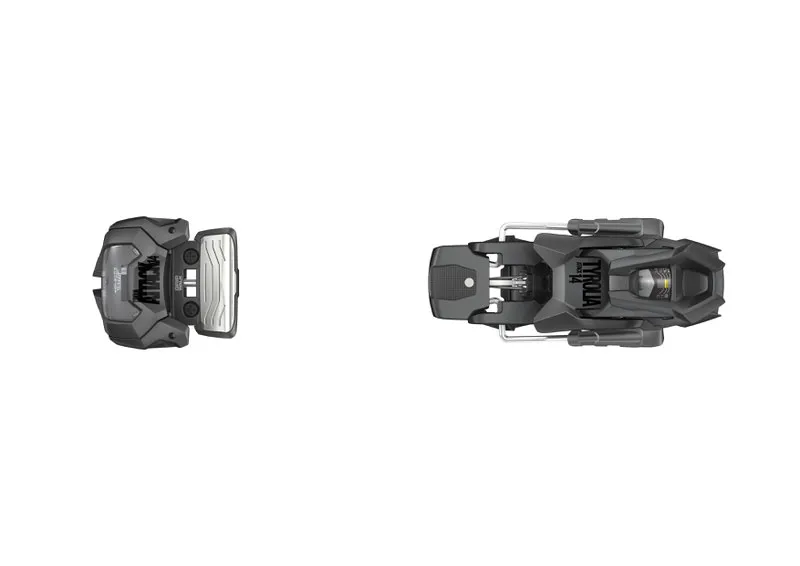 Draufsicht: Schwarze Tyrolia Attack² 14 GW Ski-Bindung, bestehend aus Vorder- und Hinterteil auf weißem Grund.