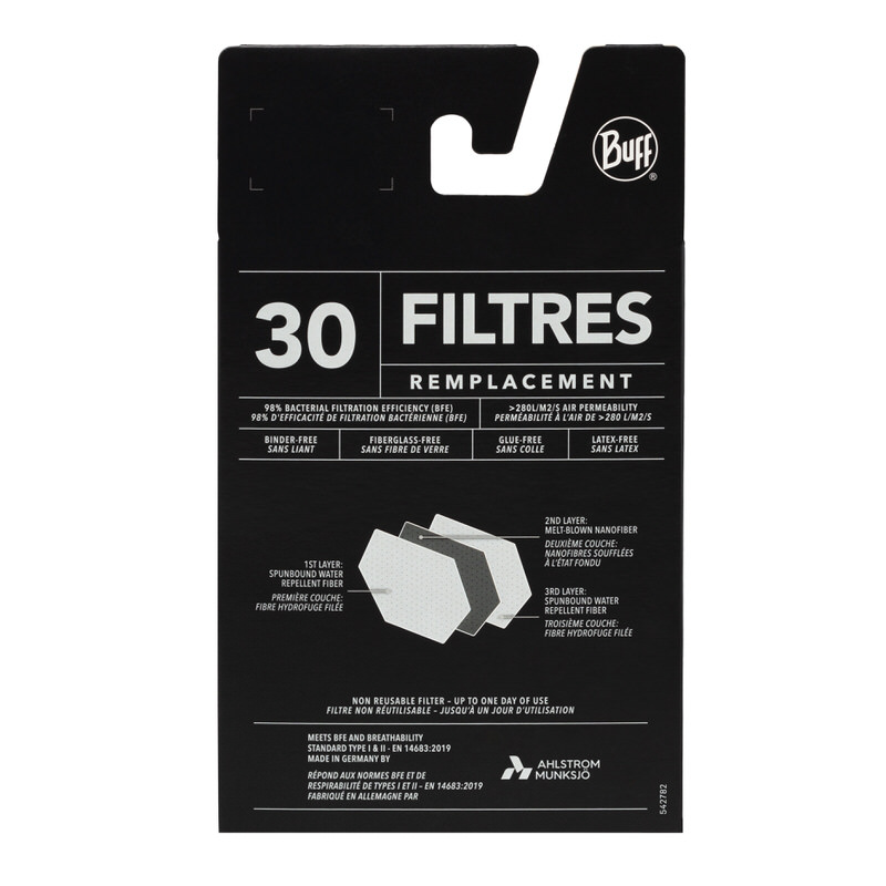Verpackung der 30 Buff Ersatzfilter. Grafiken zeigen Filterlagen und Eigenschaften.