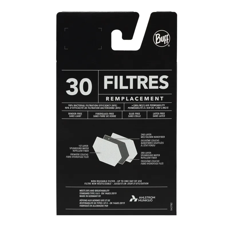 Verpackung der 30 Buff Ersatzfilter. Grafiken zeigen Filterlagen und Eigenschaften.