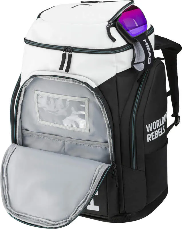 Geöffneter, schwarz-weißer Head Rebels Racing Backpack L mit Skibrille oben.