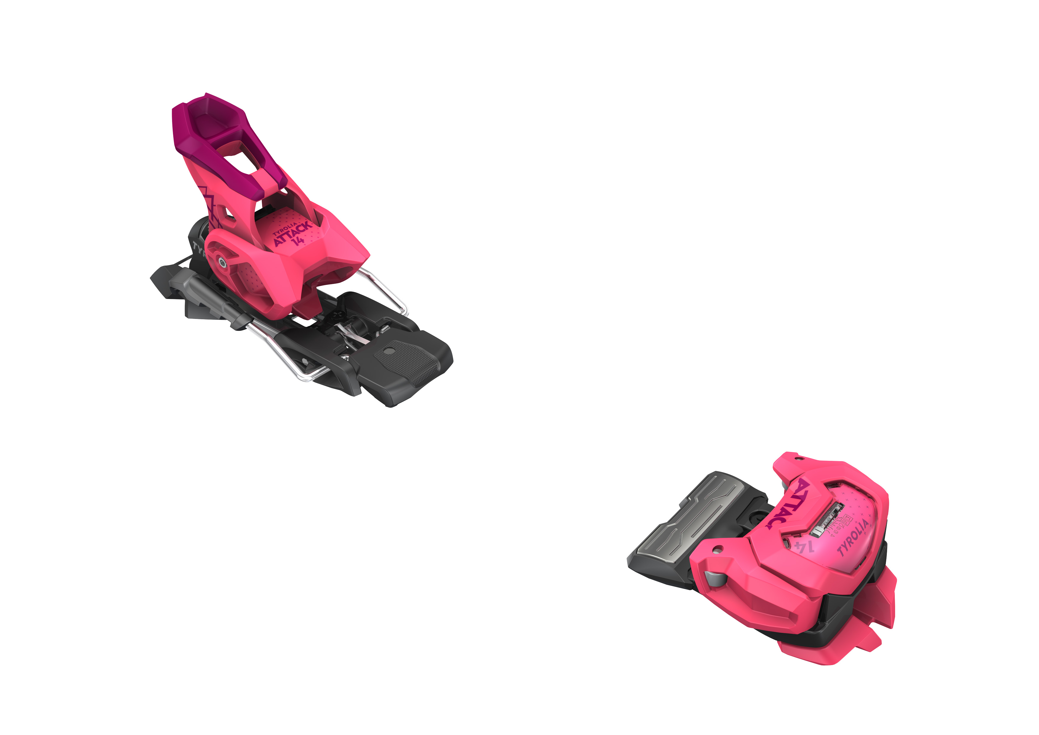 Pinke Head ATTACK 14 GW Ski-Bindung, seitliche Ansicht. Vorder- und Hinterbacken sind separat auf weißem Grund abgebildet.