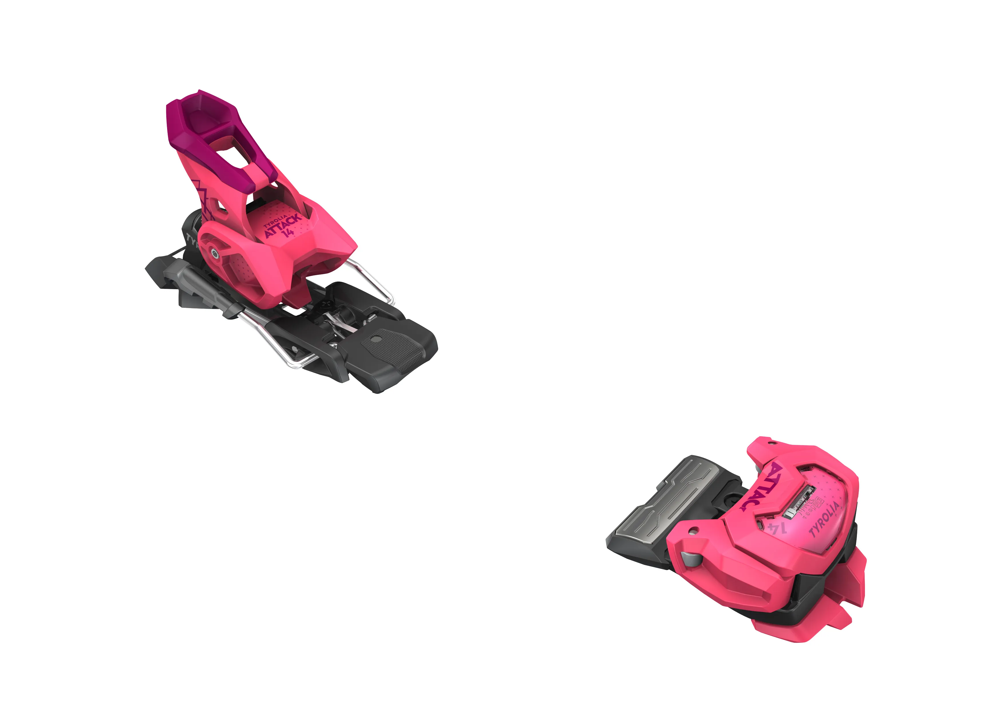 Pinke Head ATTACK 14 GW Ski-Bindung, seitliche Ansicht. Vorder- und Hinterbacken sind separat auf weißem Grund abgebildet.