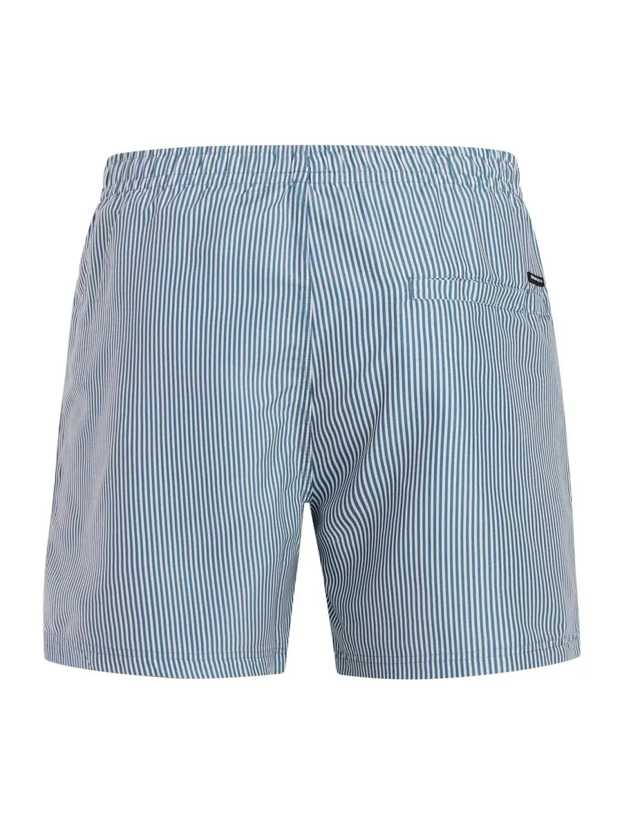 Culotte de bain vue de derrière avec des rayures verticales bleues et blanches et une taille élastique.